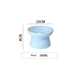 Ceramic Pet Cat Bowl Dog Bowl Anti-choke And Slow Food Anti-tumble High Foot Neck Protection Rice Bowl (Color: Blue)