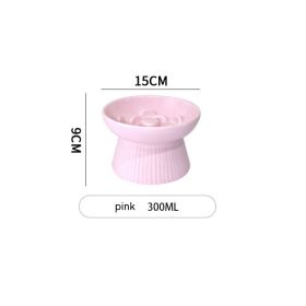 Ceramic Pet Cat Bowl Dog Bowl Anti-choke And Slow Food Anti-tumble High Foot Neck Protection Rice Bowl (Color: Pink)